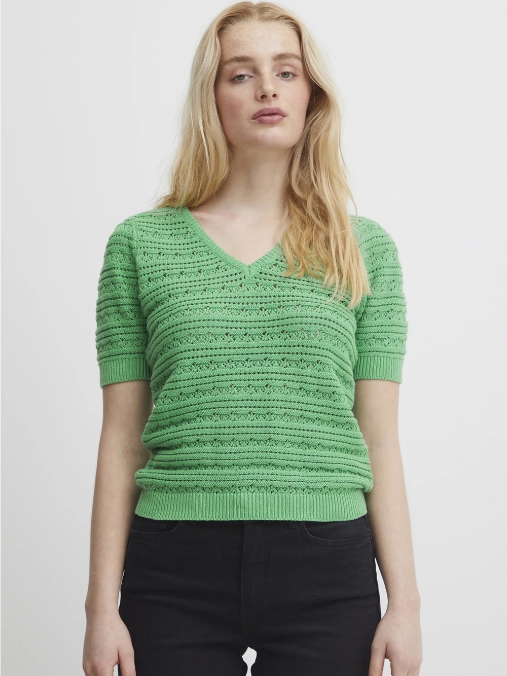 Ichi Green Textured V‑Neck Knit Top